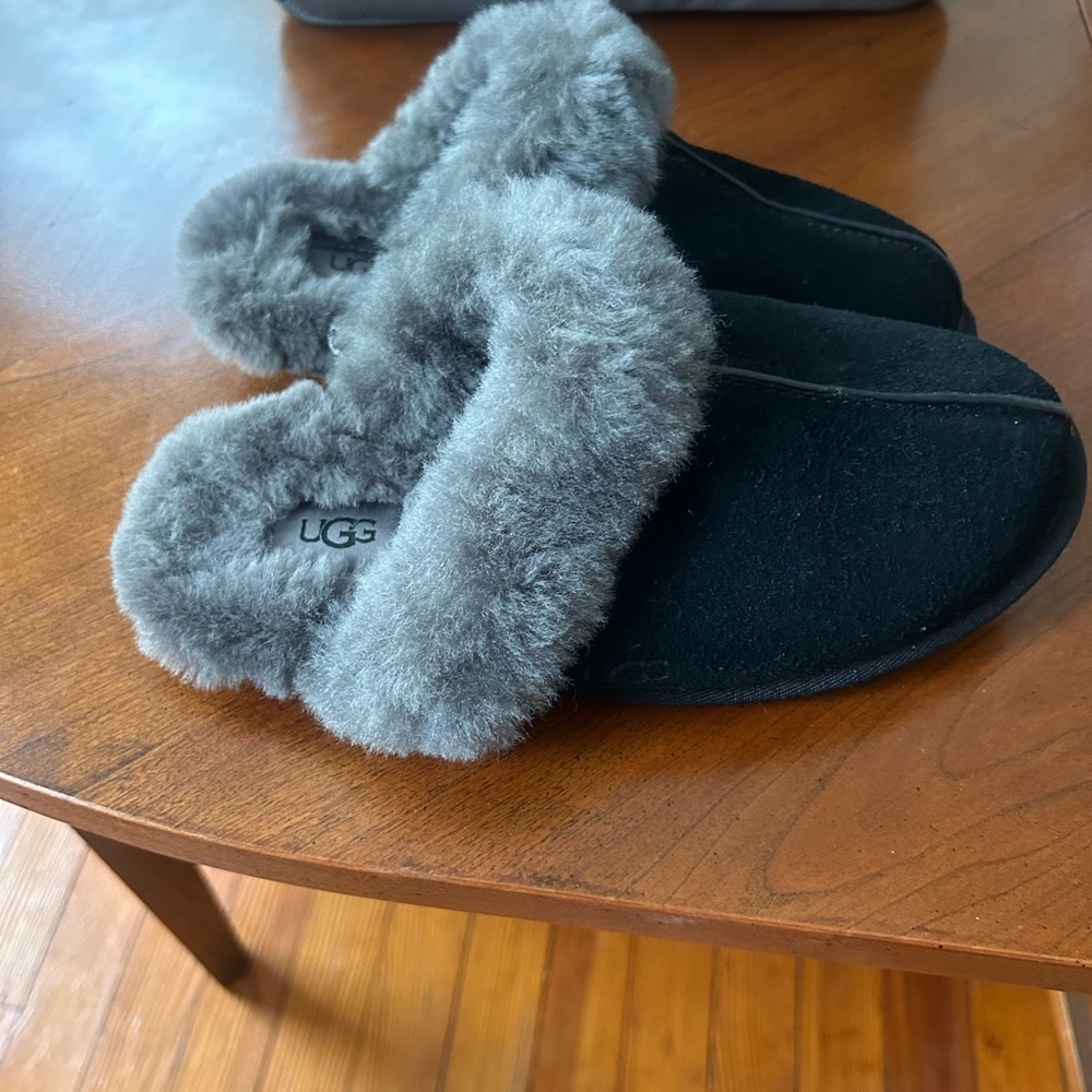 UGG Black Slippers with Gray Fur